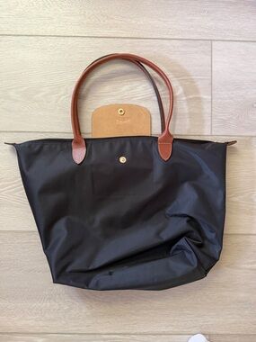 Longchamp Black Tote with Brown Leather Handles